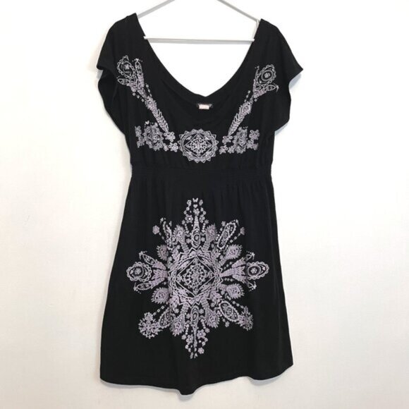 VENUS Printed Beach Dress Empire Waist Dress / Swimsuit Cover Up Black Boho XL - Picture 1 of 12